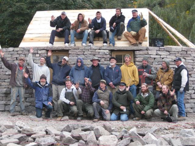 Some of the wallers and carpenters who worked on the festival blackhouse over the three days of the festival